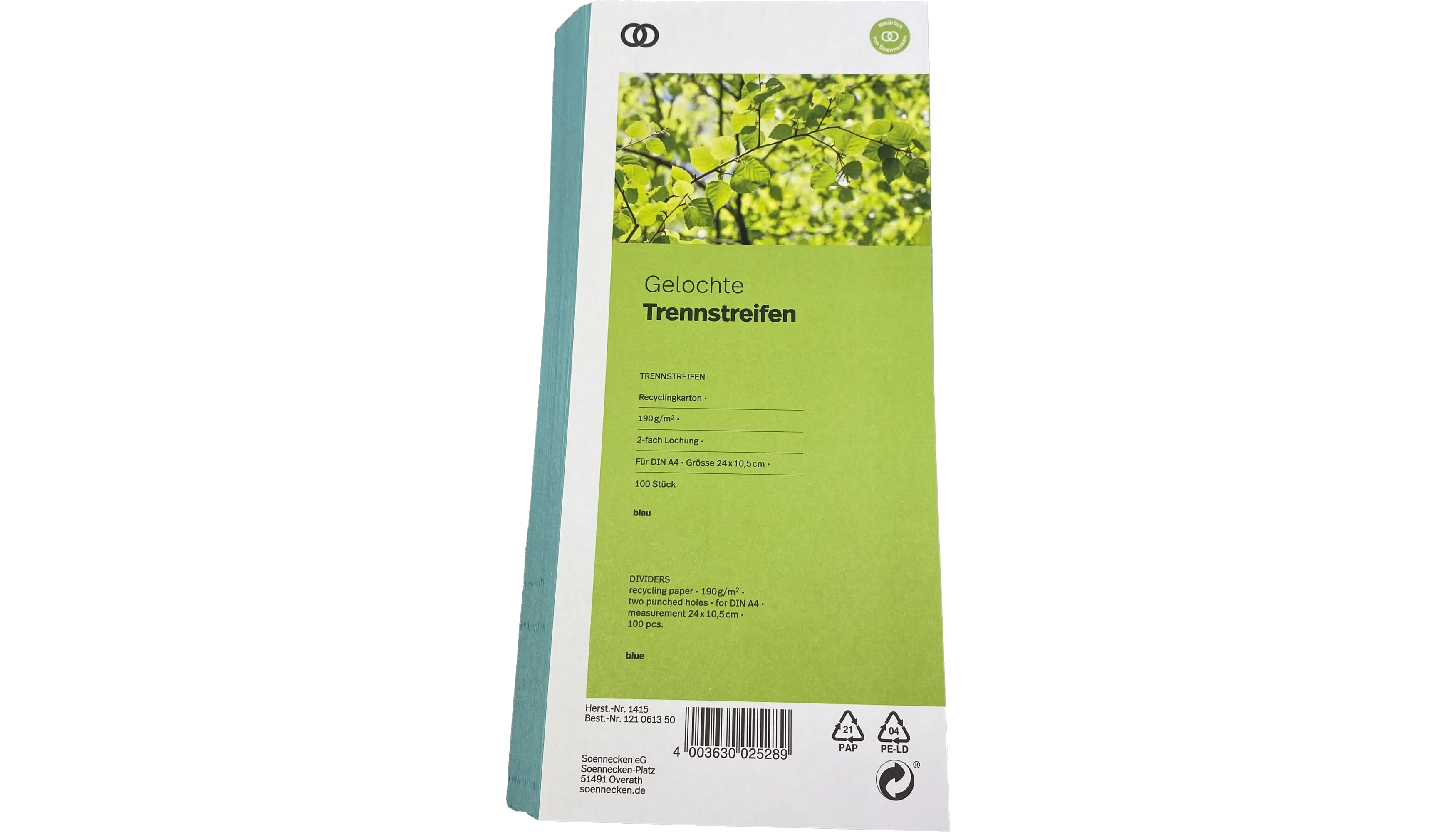 SOENNECKEN Trennstreifen oeco 190 g/m² Recyclingkarton 100 Stück/Pack blau