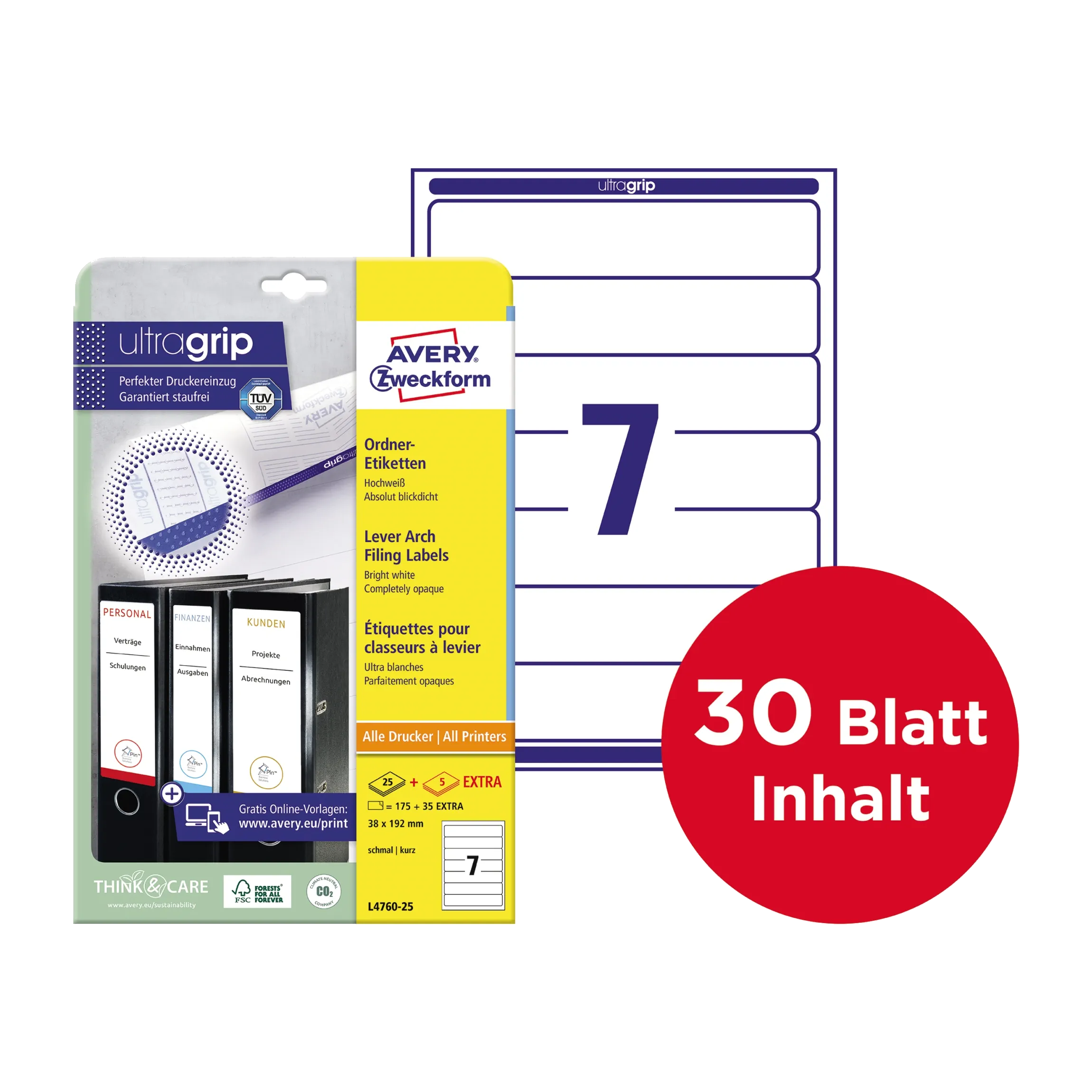 AVERY ZWECKFORM Ordnerrückenetikett ultragrip schmal/kurz  weiß 210 Stück/Pack