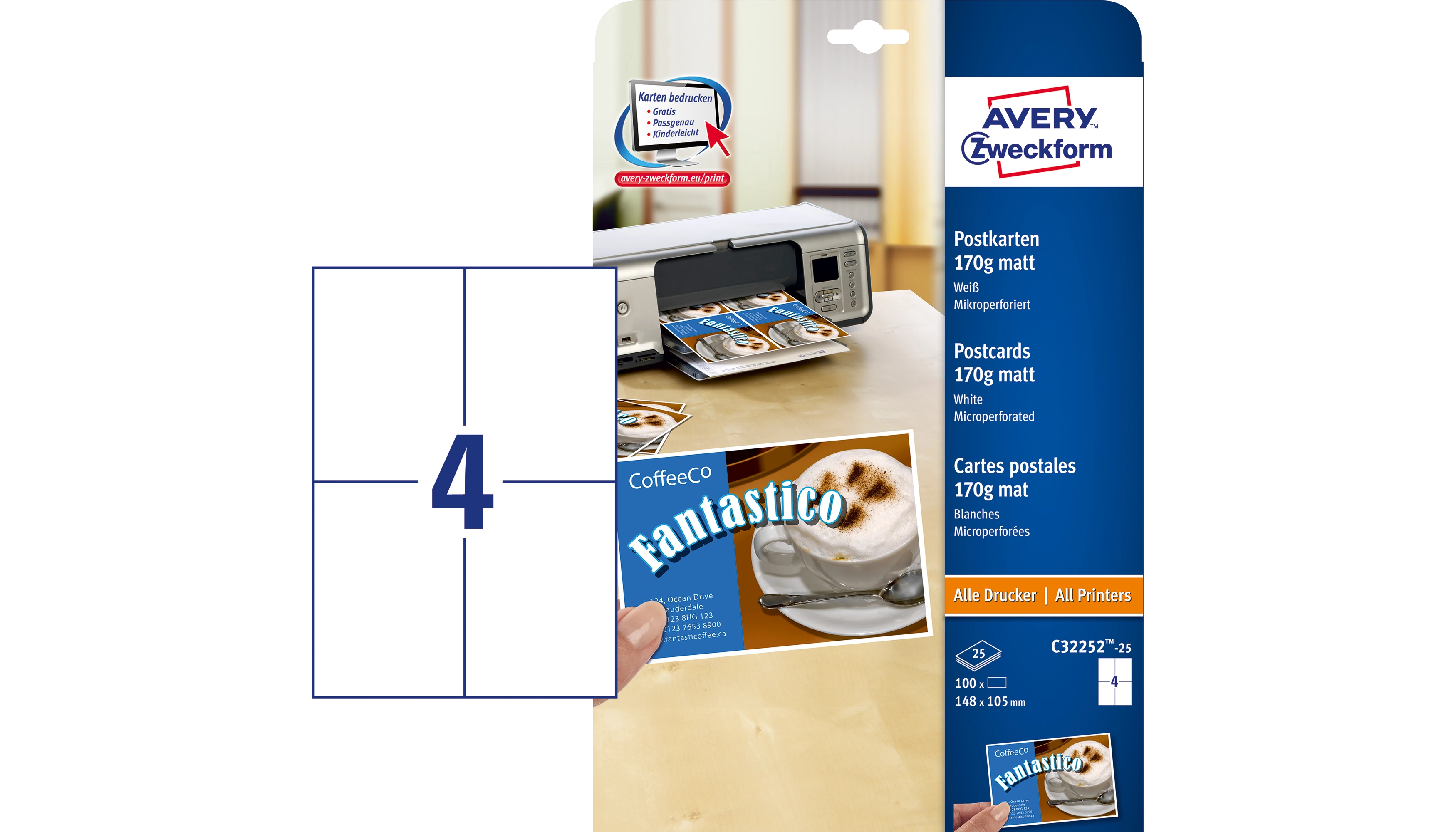AVERY ZWECKFORM Postkarte 148 x 105 mm (B x H) 170 g/m² matt 25 Blatt/100 Karten weiß