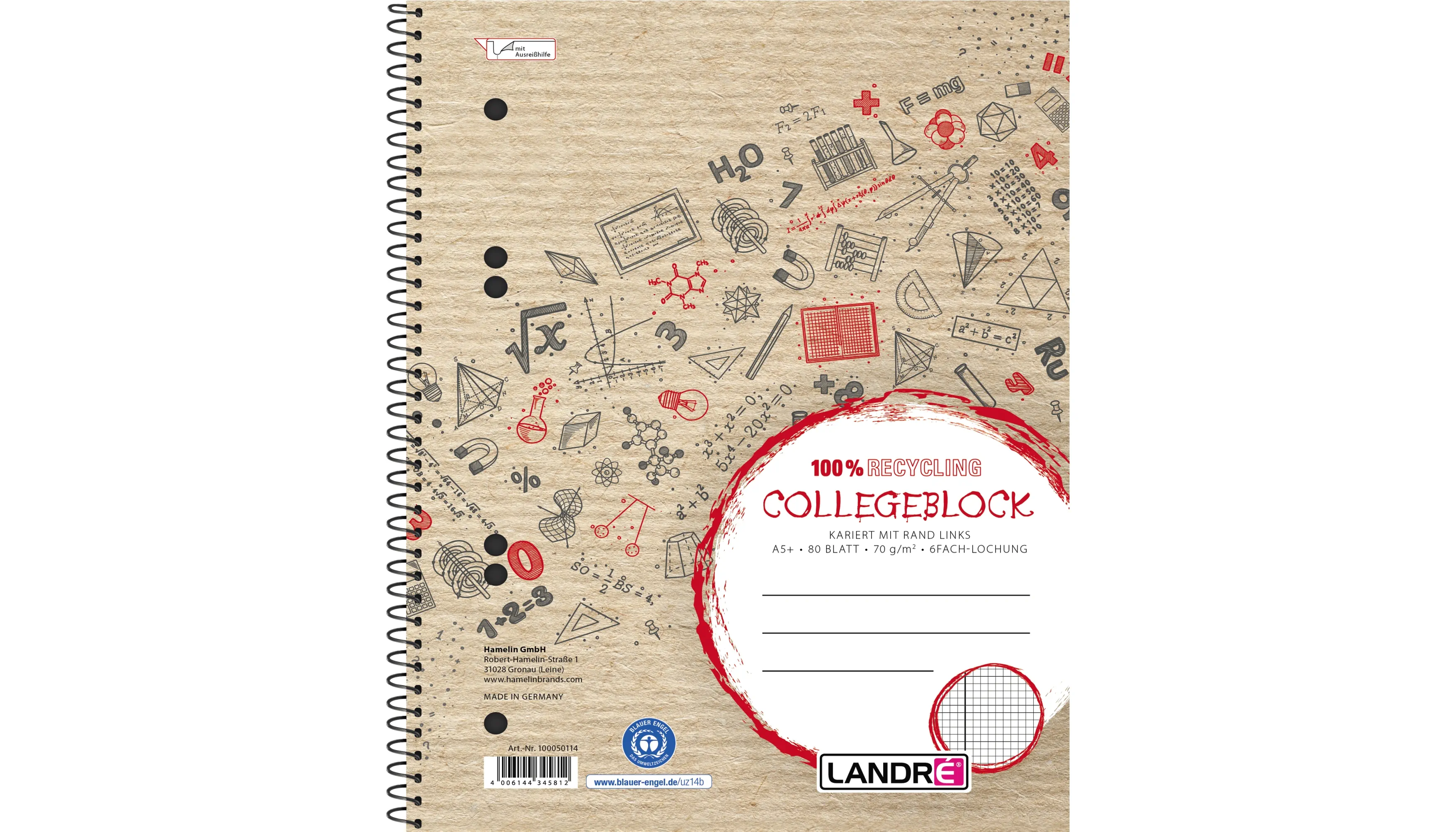 LANDRÉ® Collegeblock Recycling DIN A5 kariert  70 g/m² mit Rand 80 Blatt