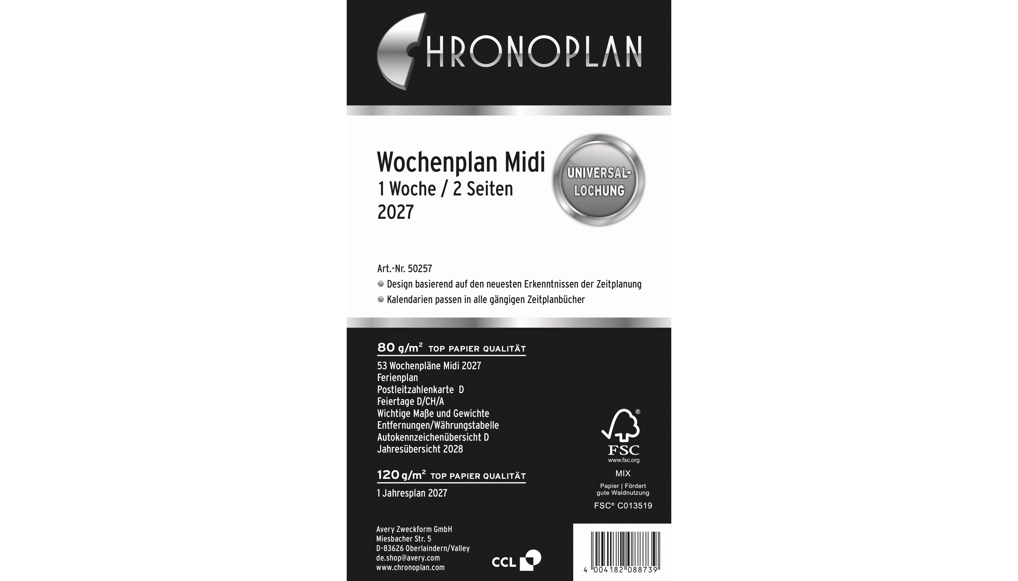 CHRONOPLAN Einlage Kalender Midi 2027  1 Woche/2 Seiten 96 x 172 mm (B x H) weiß