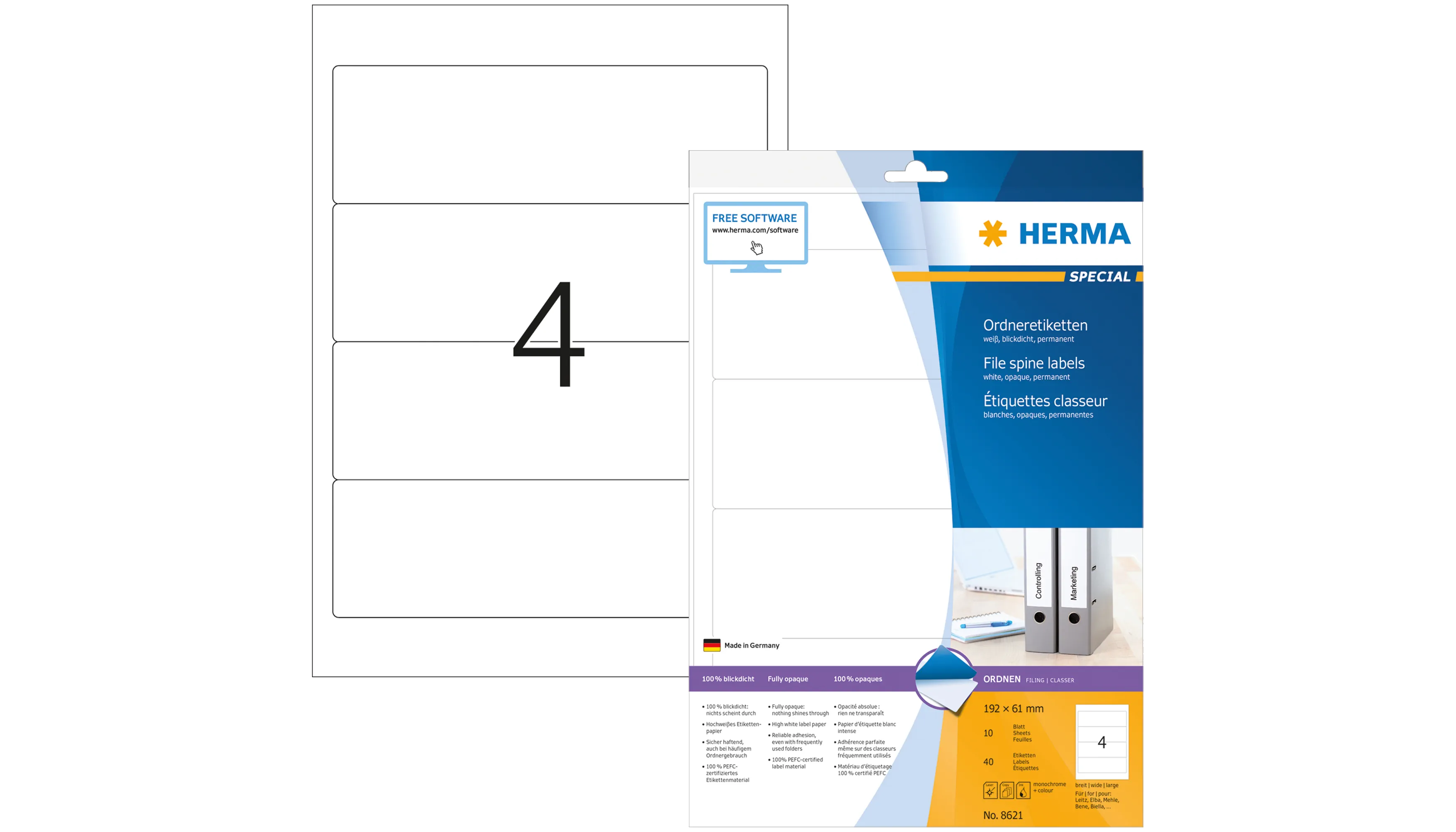 HERMA Ordnerrückenetikett breit/kurz  192 x 61 mm weiß  40 Etiketten/Pack
