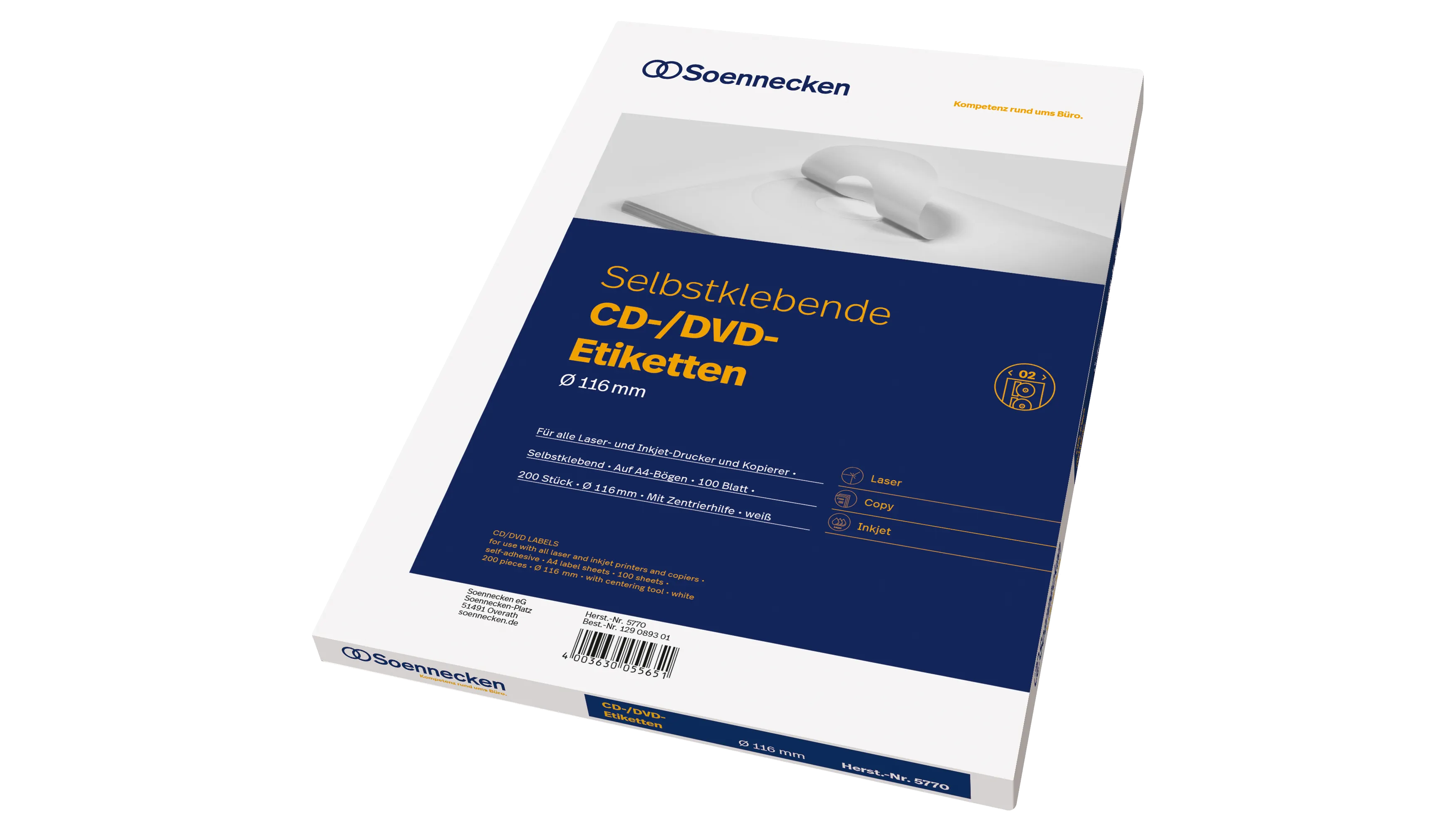 SOENNECKEN CD/DVD Etikett 116mm, weiß, 200 Stück/Pack