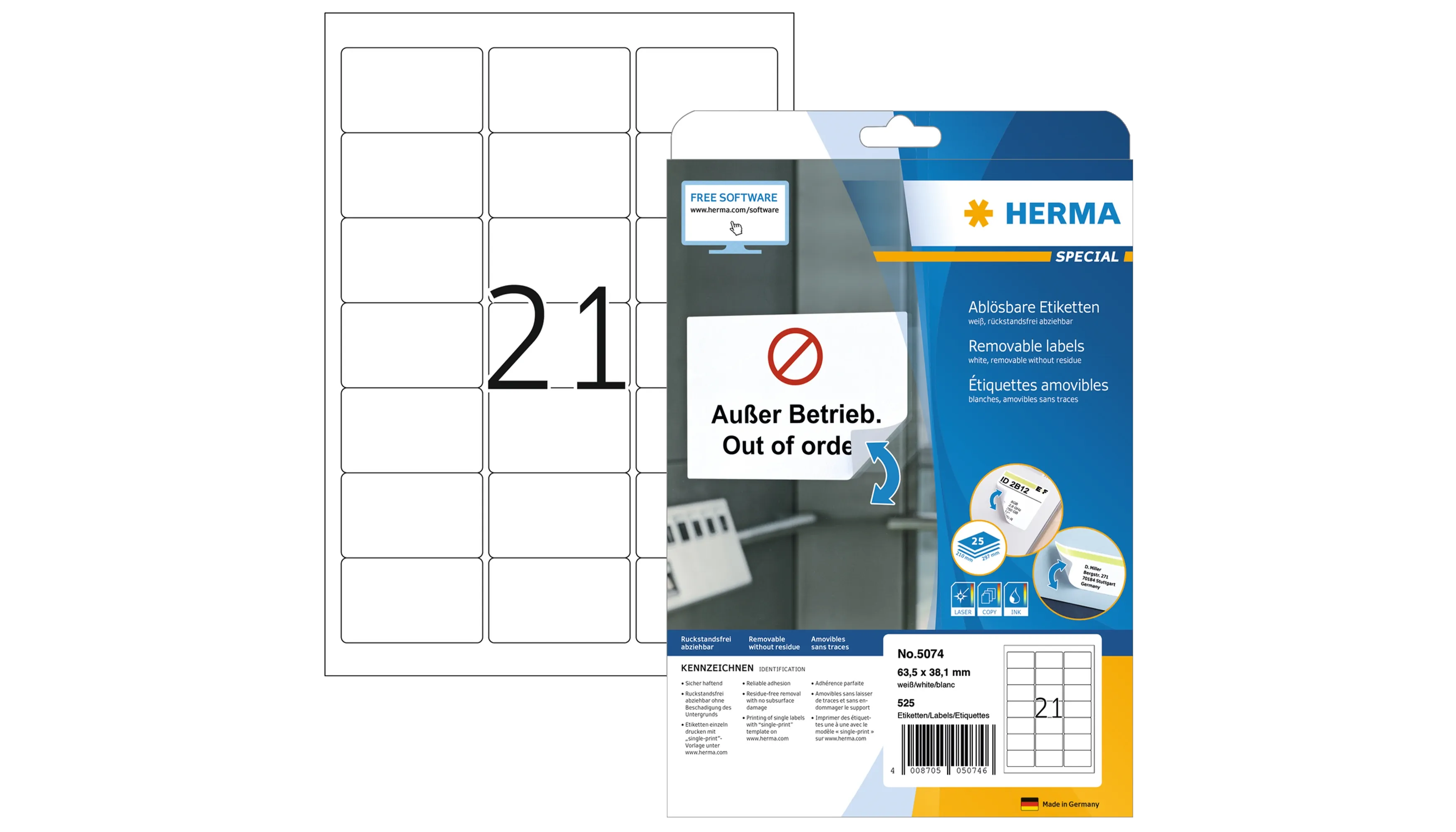 HERMA Adressetikett 63,5 x 38,1 mm (B x H) weiß 525 Stück/Pack