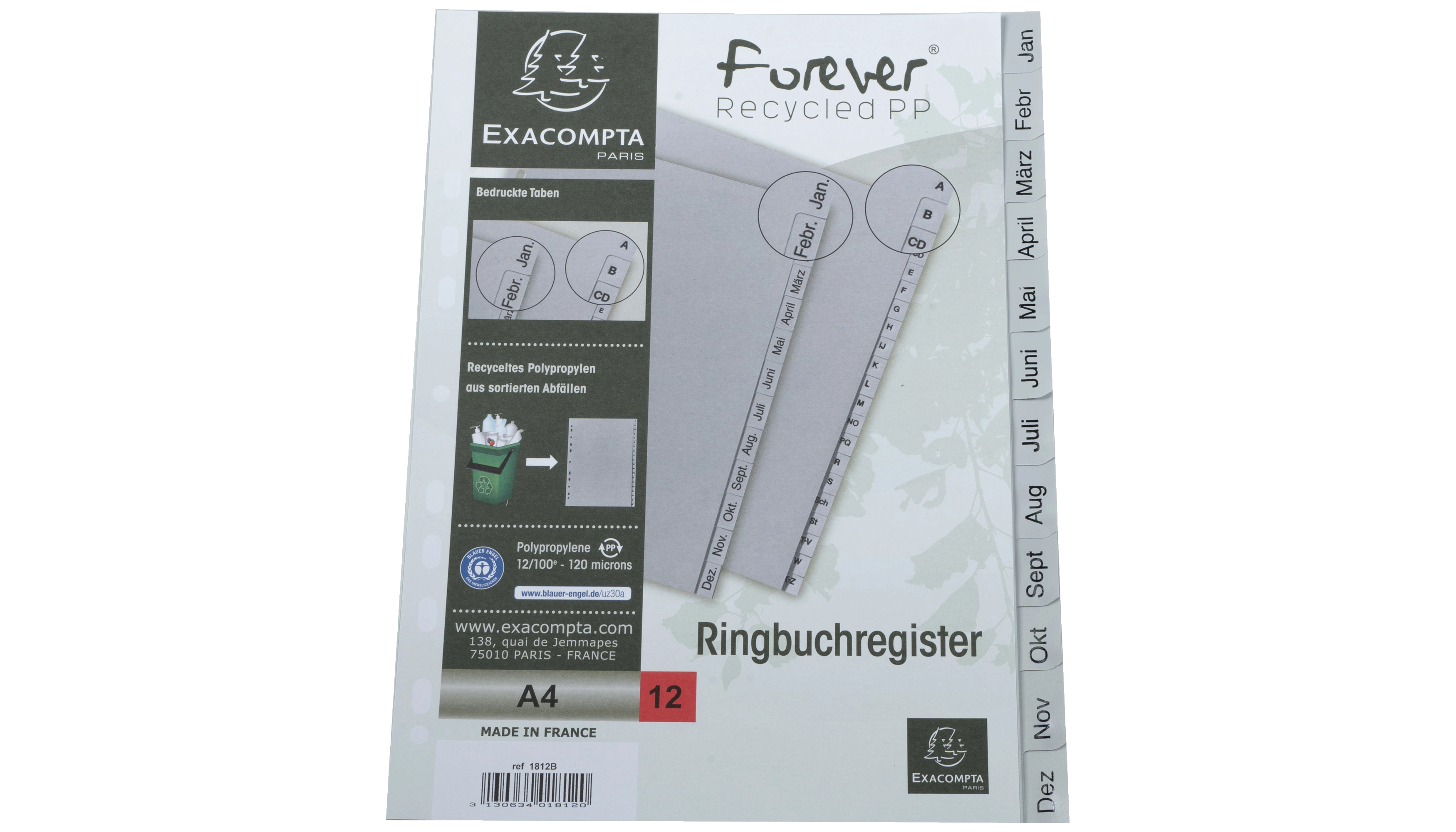 EXACOMPTA Monatsregister Forever® DIN A4 Vollformat 12-teilig Polypropylen grau