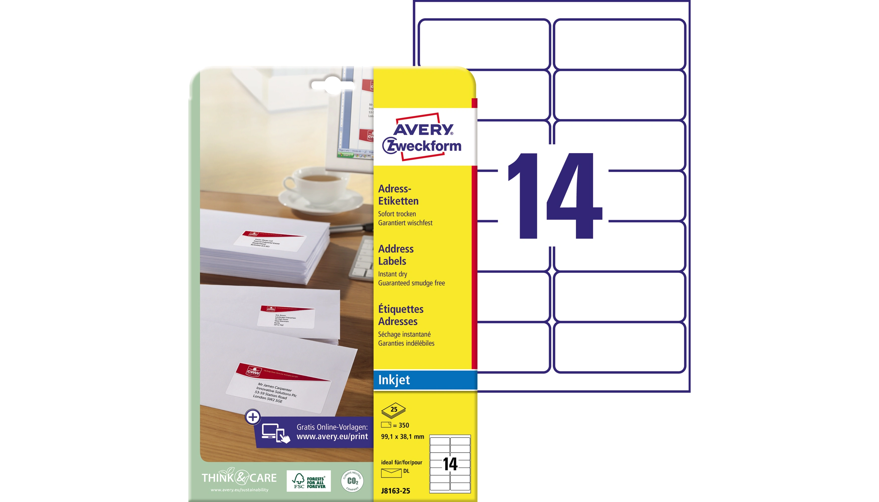 AVERY ZWECKFORM Adressetiketten  99,1 x 38,1 mm (B x H) 350 Etiketten/Pack weiß