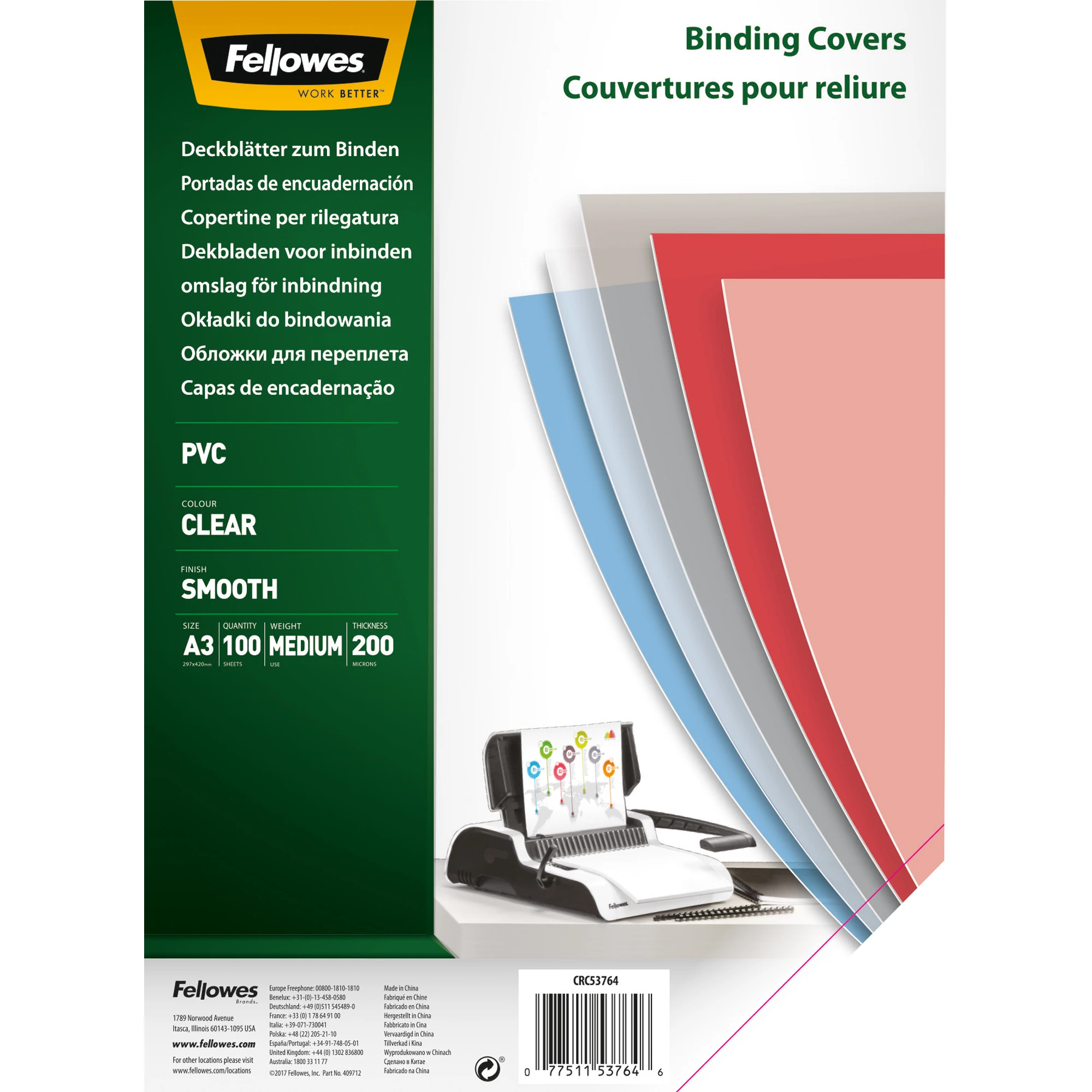 FELLOWES Deckblattfolie PVC DIN A3 0,2 mm transparent 100 Stück/Pack