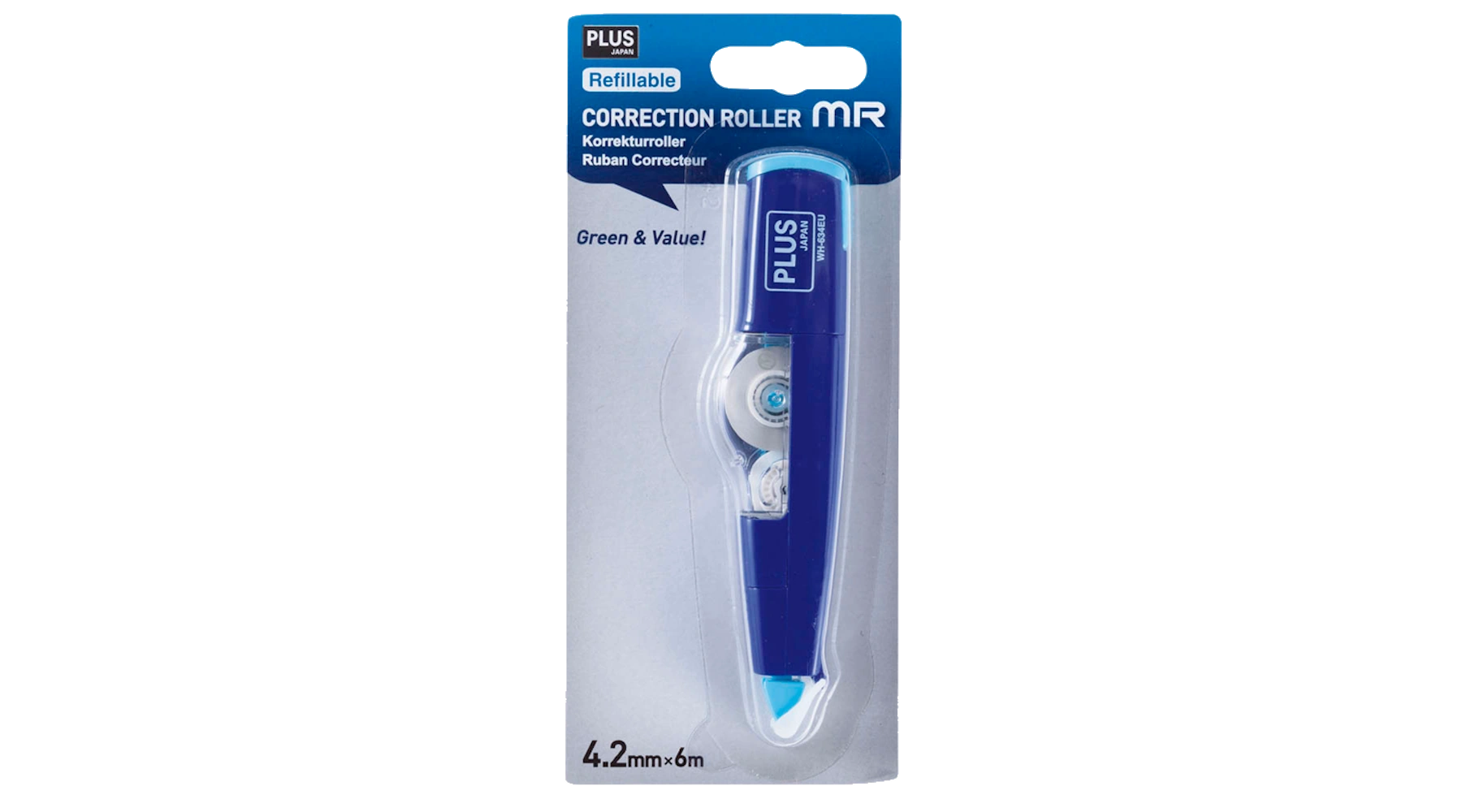 PLUS JAPAN Korrekturroller MR 4,2 mm x 6,0 m (B x L) nachfüllbar blau