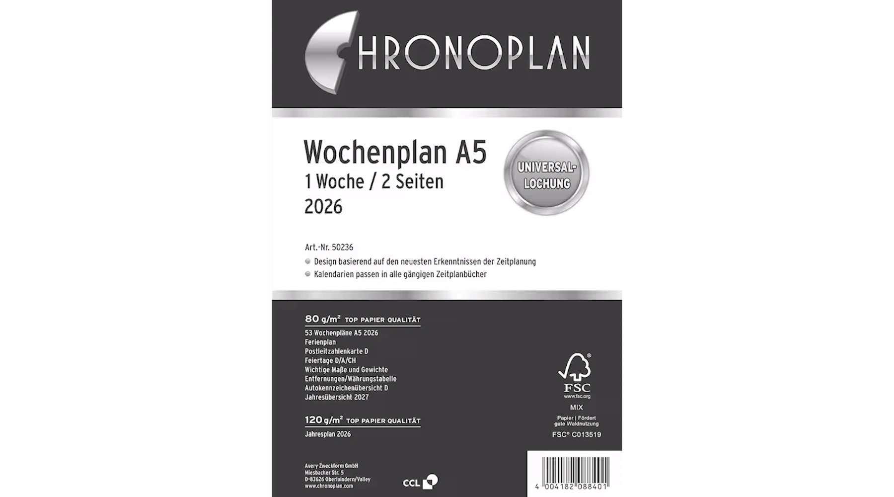 CHRONOPLAN Wochenplan Einlage Kalender 2026   1 Woche/2 Seiten DIN A5