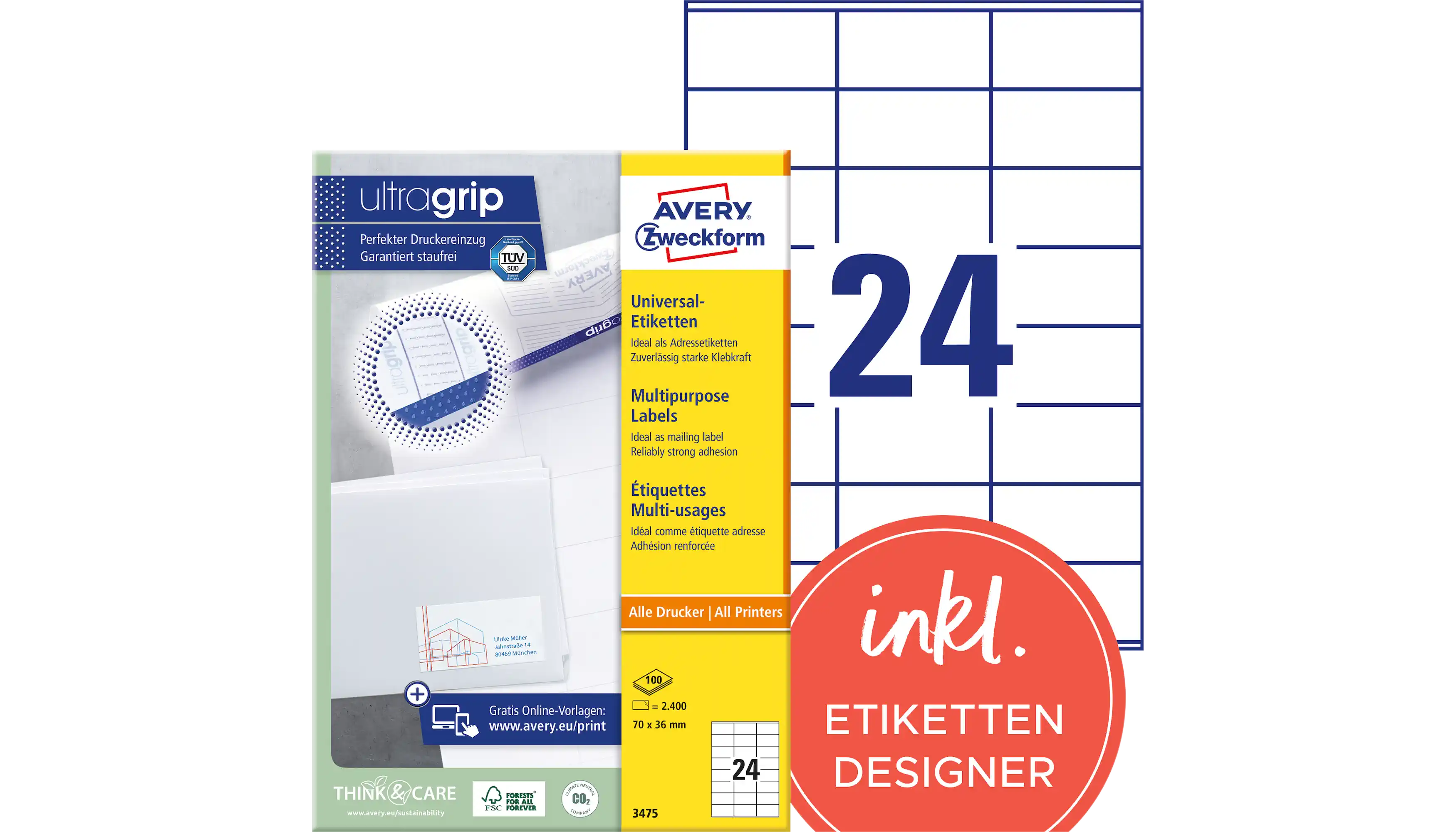 AVERY ZWECKFORM Universaletikett ultragrip 70 x 36 mm (B x H) 2.400 Etiketten/Pack weiß