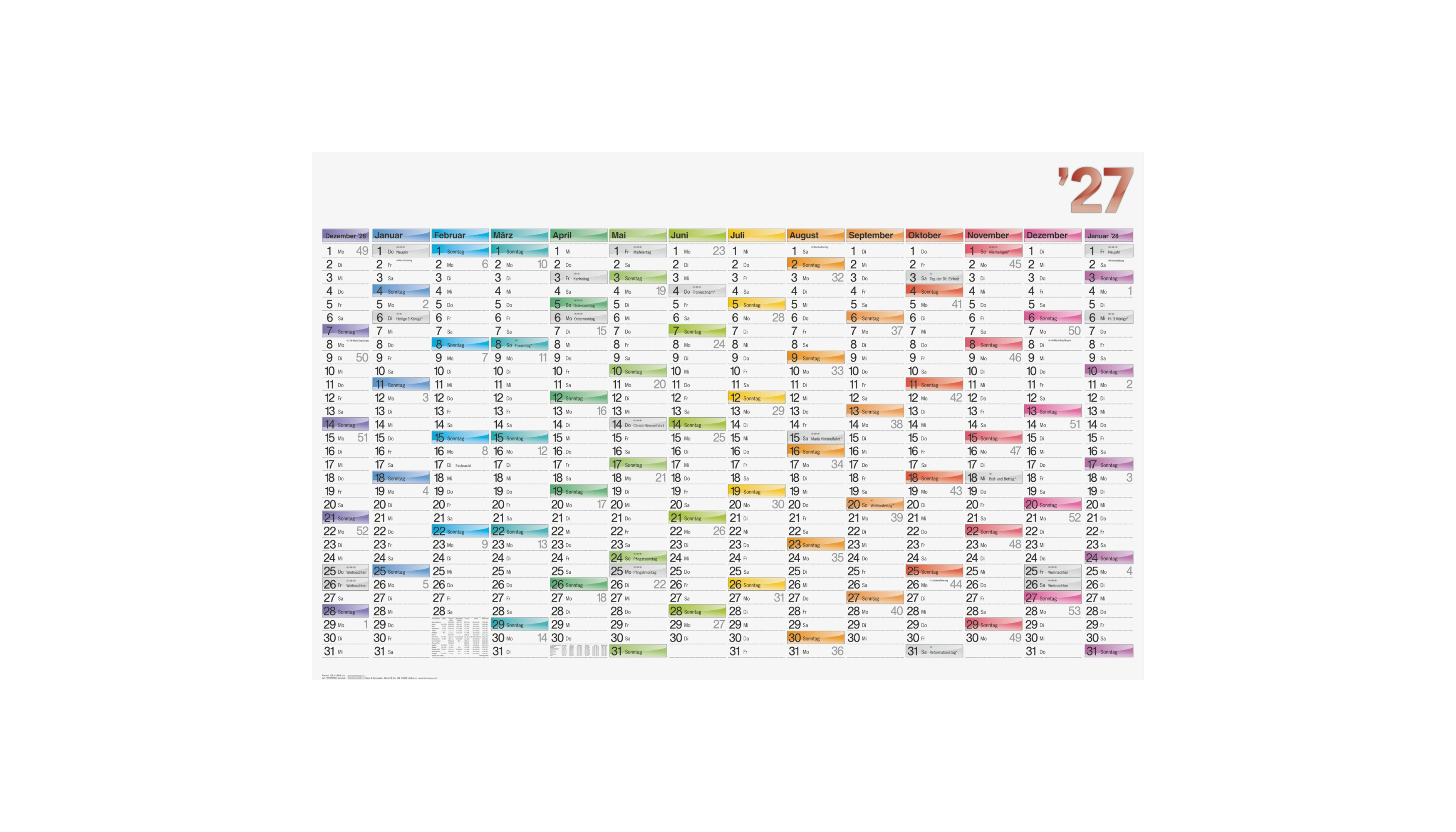 BRUNNEN Plakatkalender DATAline 2027 14 Monate/1 Seite 106 x 66,6 cm (B x H) mehrfarbig