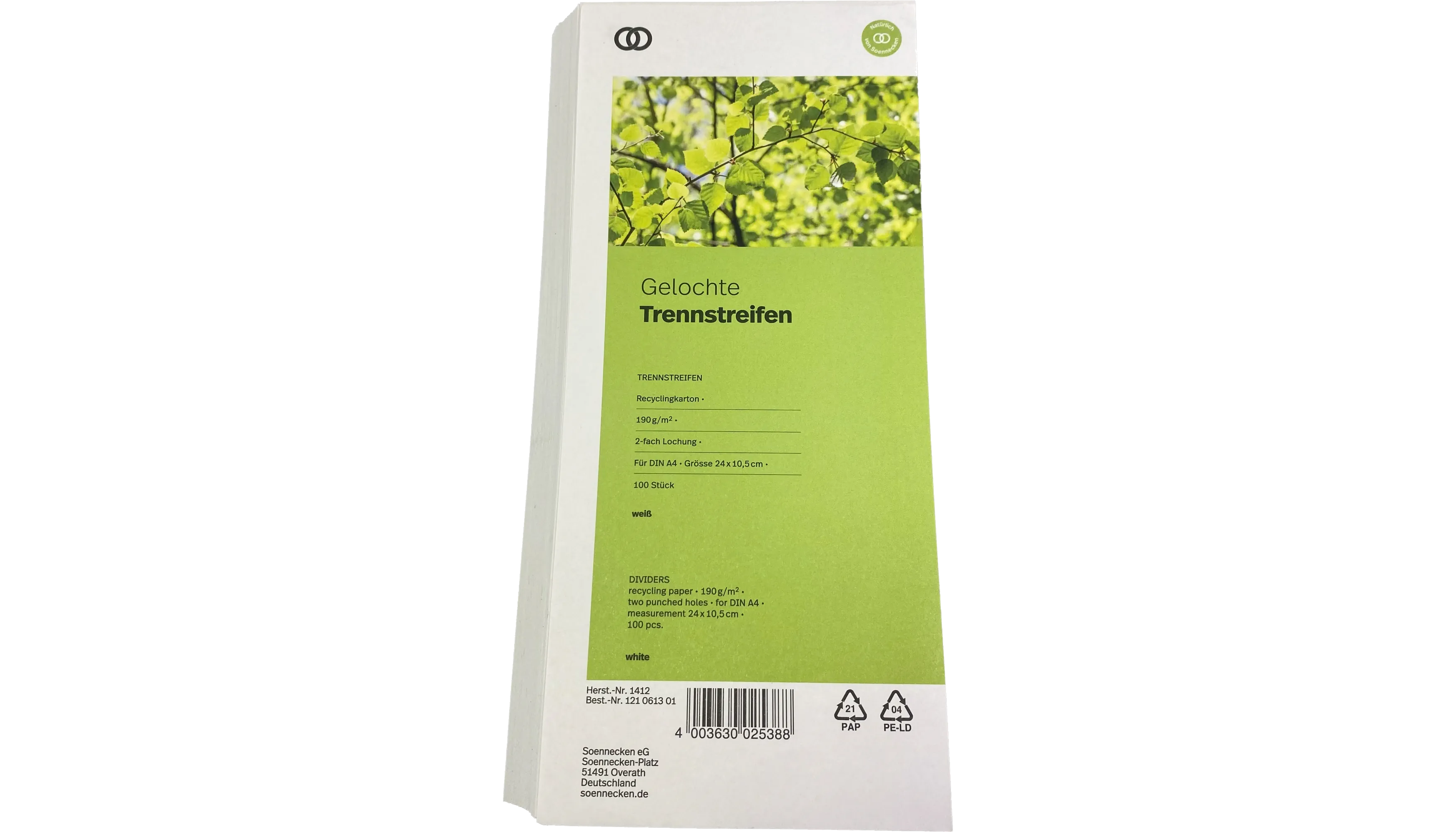 SOENNECKEN Trennstreifen oeco 190 g/m² Recyclingkarton 100 Stück/Pack weiß