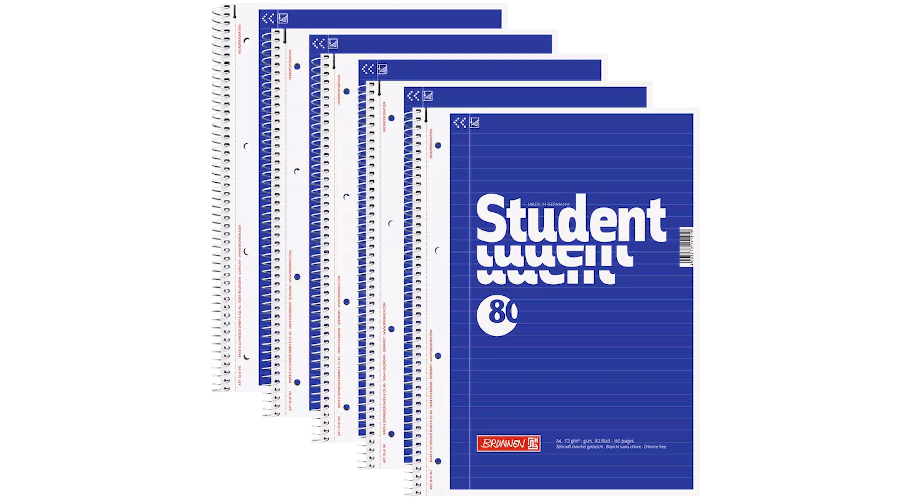 BRUNNEN Collegeblöcke Student DIN A4 liniert 70 g/m² 5 Blöcke/Pack blau